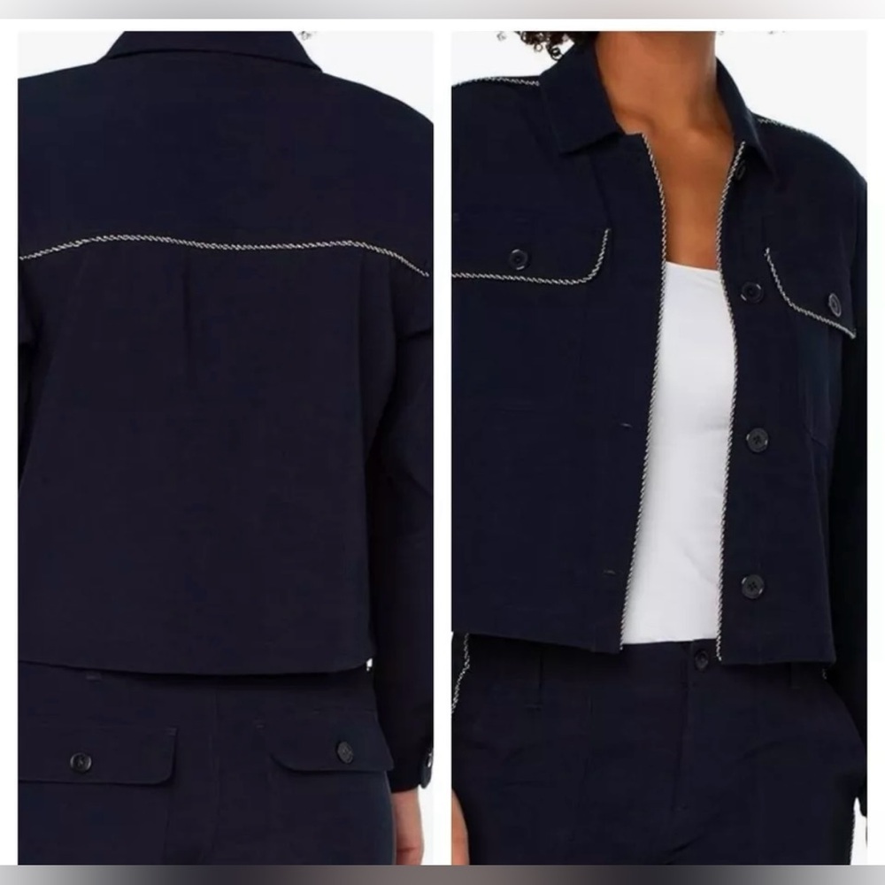 Liverpool Cropped Shacket Chain Trim Shirt Navy Blue Size Large Quiet Luxury